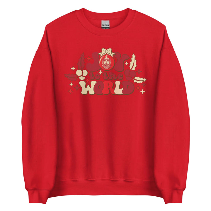 Delta Sigma Theta Joy to the World red sweatshirt, perfect Christmas sorority paraphernalia and Greek gear.