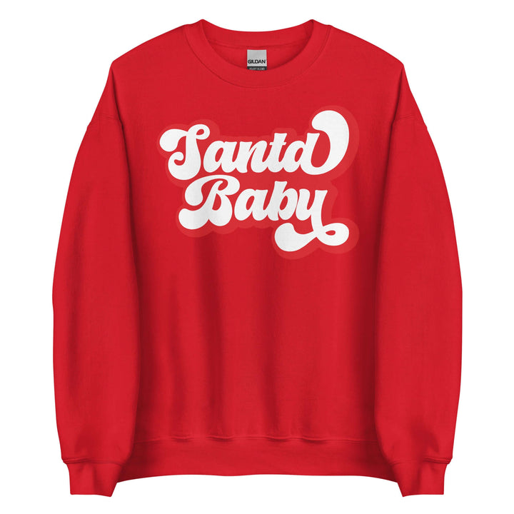 Red Santa Baby sweatshirt with white lettering, perfect for sorority holiday spirit and Greek gear celebrations.
