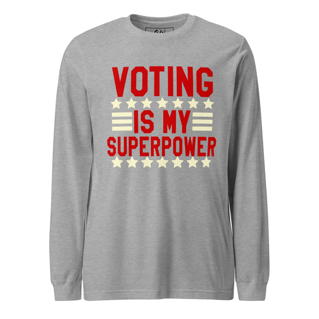 Crimson and Cream "Voting is my Super Power" long-sleeved t-shirt for sorority and fraternity gear.