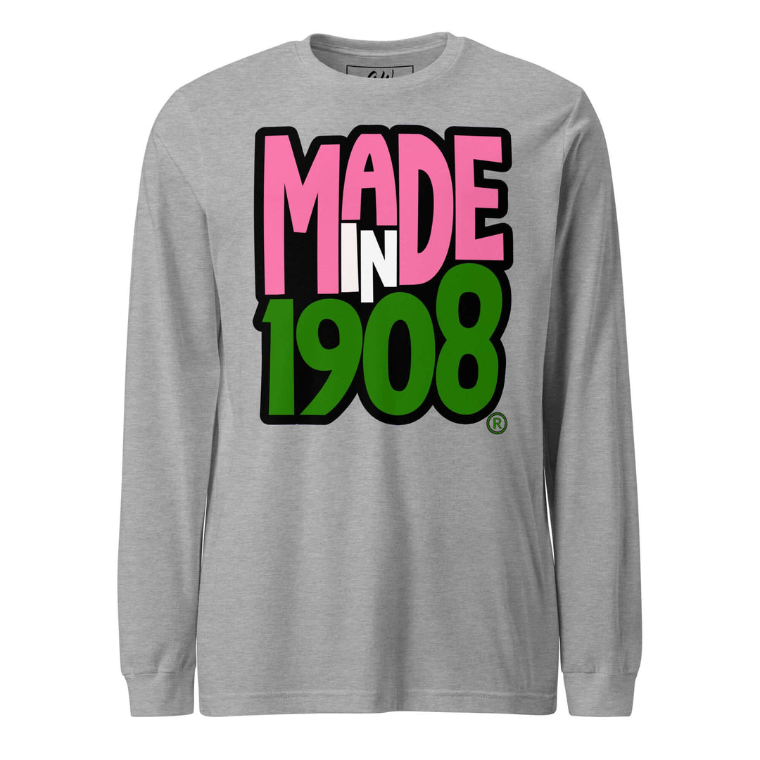 Long sleeve tee featuring "MADE IN 1908" design, perfect for Alpha Kappa Alpha Sorority members as Greek gear.