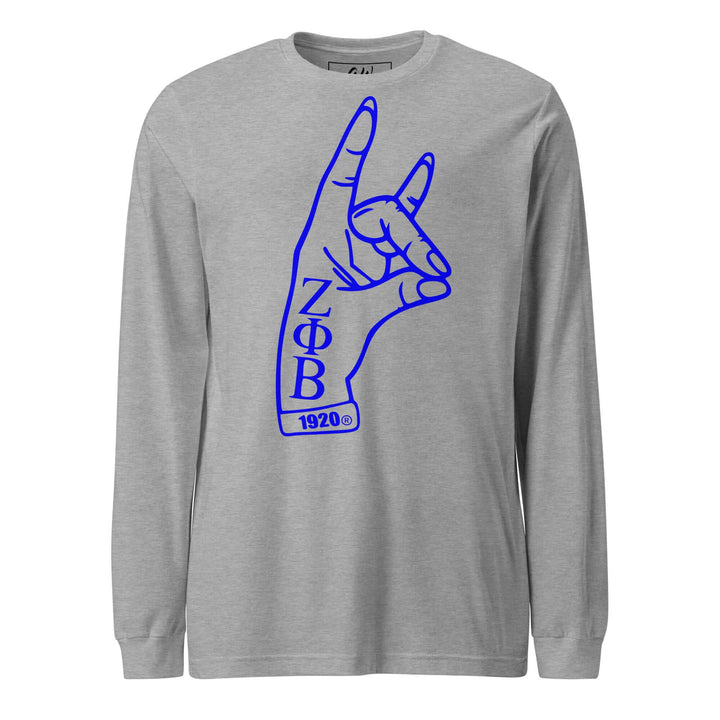 Zeta Phi Beta sorority long sleeve tee featuring a hand sign and year 1920, perfect greek gear for members.