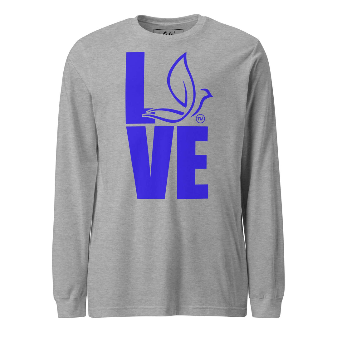 ZPhiB Dove Love Long Sleeve Tee in gray with blue "LOVE" design, perfect for Greek gear and sorority pride.