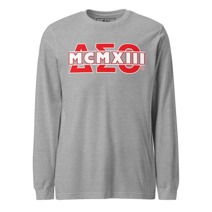 Delta Sigma Theta long sleeve tee in gray, featuring bold red letters and classic design for sorority gear.
