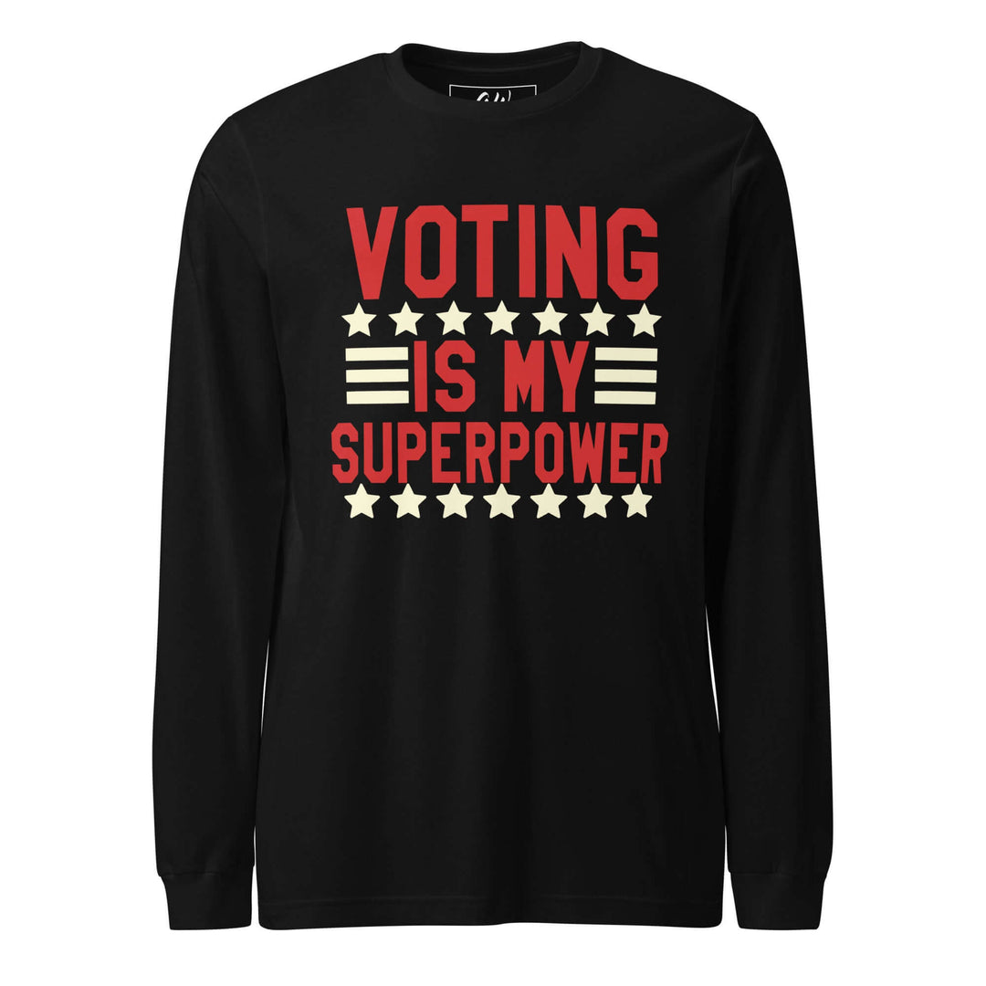 Long-sleeved black t-shirt featuring "Voting is my Superpower" design, perfect for sorority and fraternity wear.