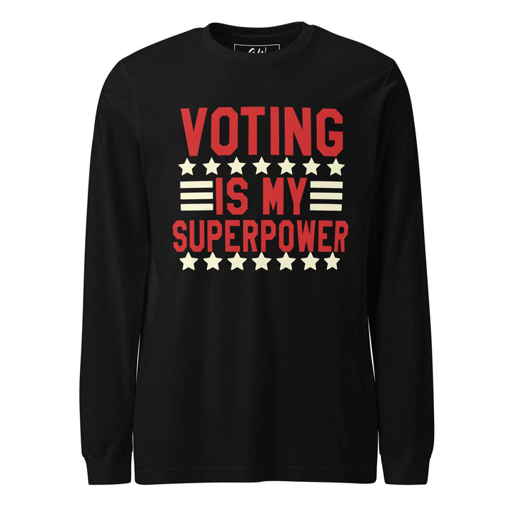Long-sleeved black t-shirt featuring "Voting is my Superpower" design, perfect for sorority and fraternity wear.