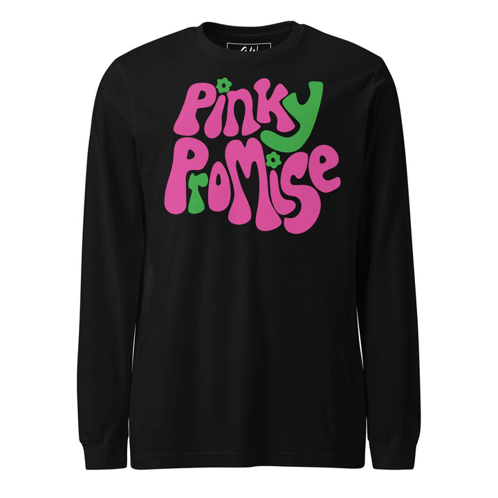 AKA Pinky Promise long sleeve tee in black, featuring bold pink and green lettering, perfect for sorority paraphernalia and Greek gear.