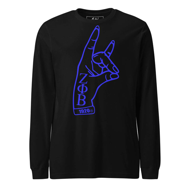 Zeta Kitty hand sign long sleeve tee in black, representing Zeta Phi Beta sorority and Greek gear fashion.