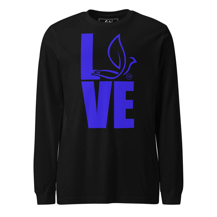 ZPhiB Dove Love Long Sleeve Tee in black featuring bold blue 'LOVE' design, perfect for sorority and fraternity paraphernalia.