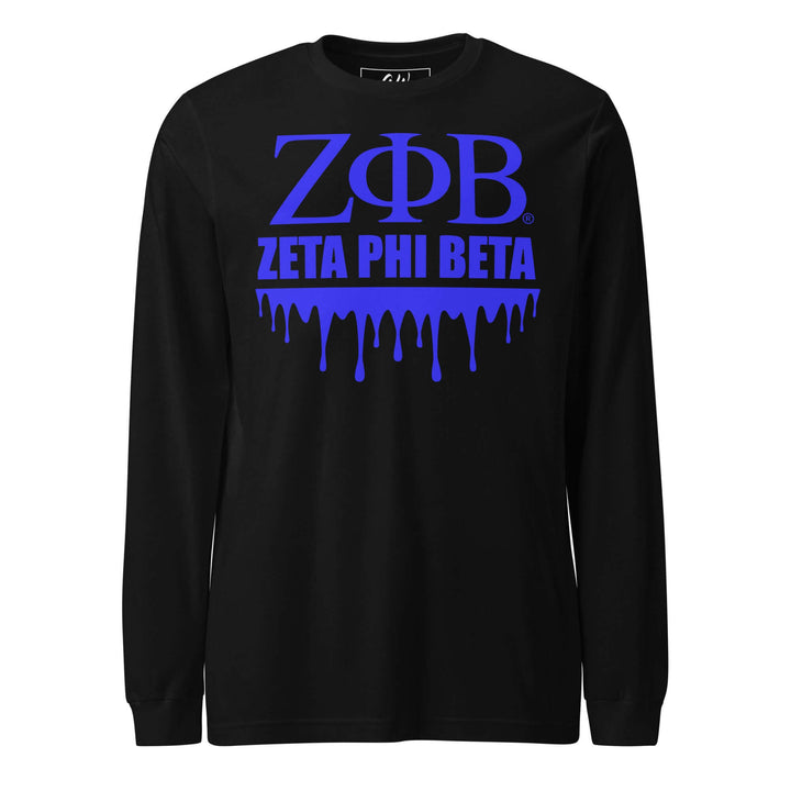 Zeta Phi Beta long sleeve tee featuring blue graffiti design on black fabric, perfect for sorority and fraternity gear.