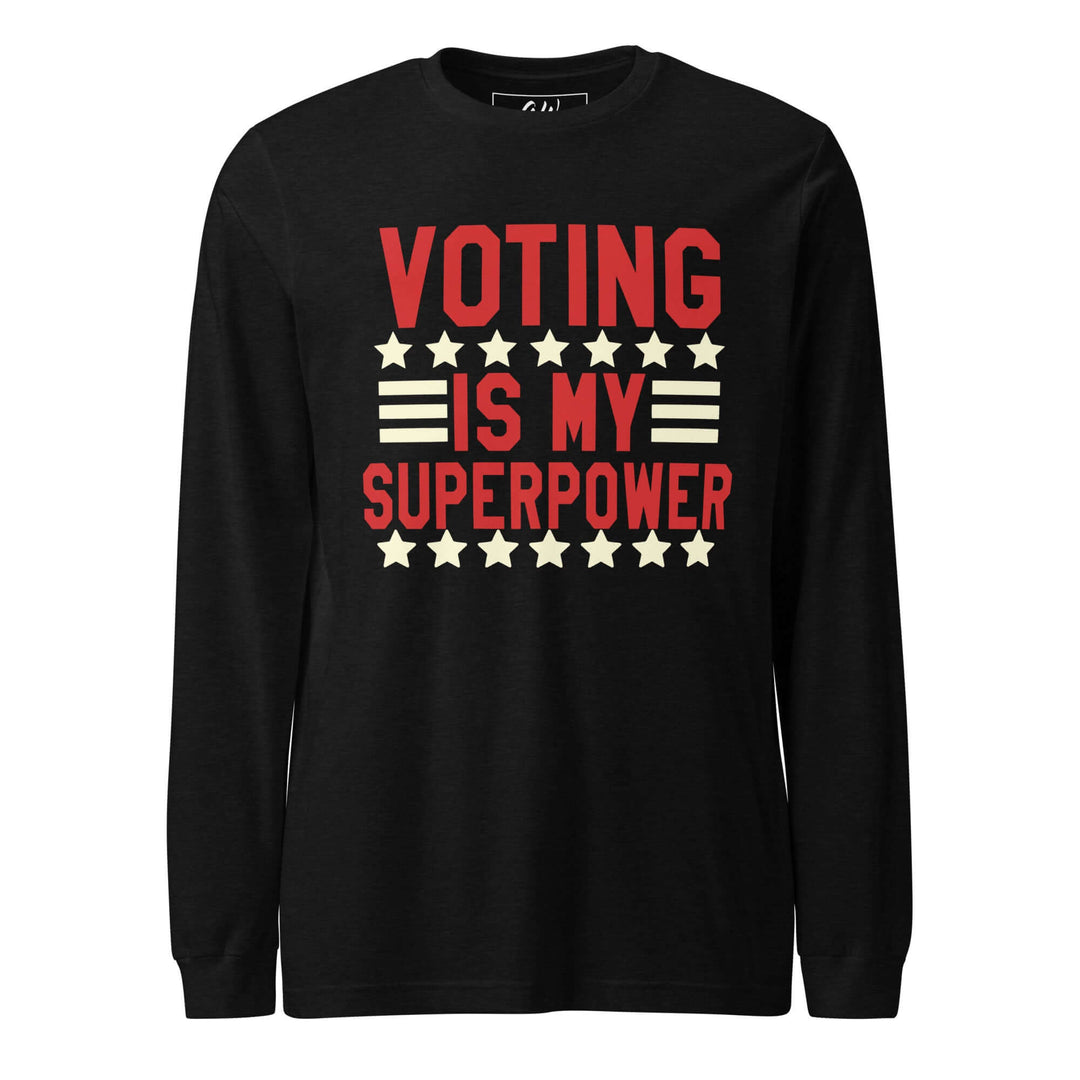 Crimson and cream long-sleeved t-shirt with "Voting is my Superpower" print, perfect for sorority and fraternity gear.