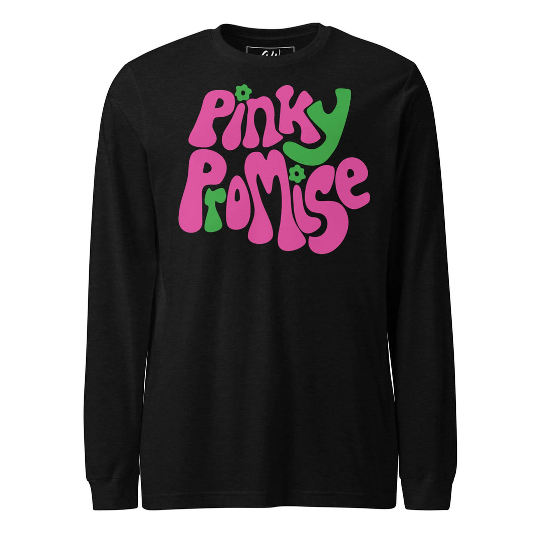 AKA Pinky Promise long sleeve tee in black, vibrant graphic design, ideal sorority paraphernalia and Greek gear.