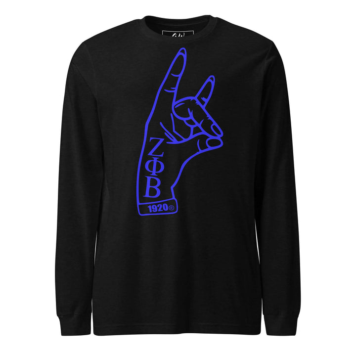 Zeta Kitty Hand Sign Long Sleeve Tee in black with blue graphic representing Zeta Phi Beta sorority.