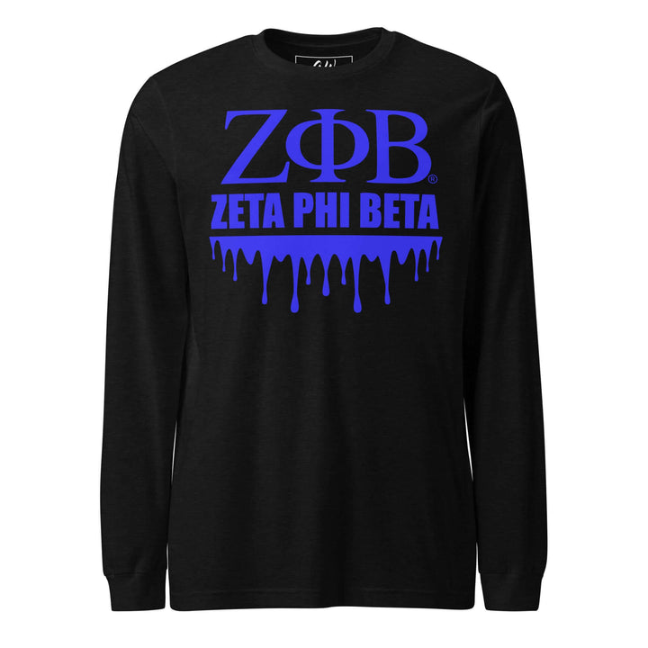 Zeta Phi Beta long sleeve tee in black with blue graffiti design, perfect sorority paraphernalia for Greek gear enthusiasts.
