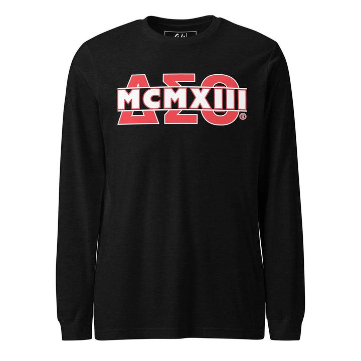 Delta Sigma Theta long sleeve tee, black, with Greek letters and MCMXIII. Perfect sorority and fraternity paraphernalia.