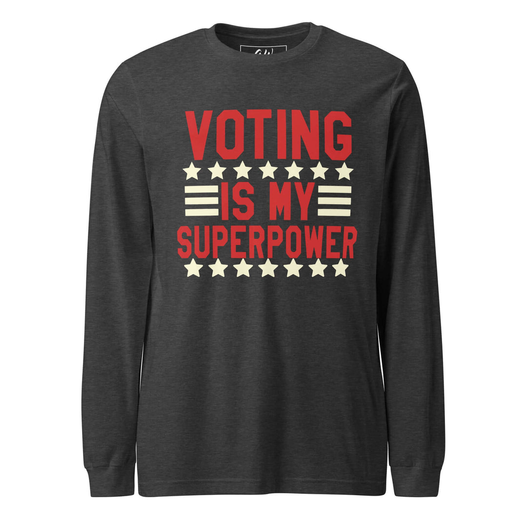 Crimson and cream long-sleeved t-shirt featuring "Voting is my Superpower" text, perfect for sorority and fraternity pride.
