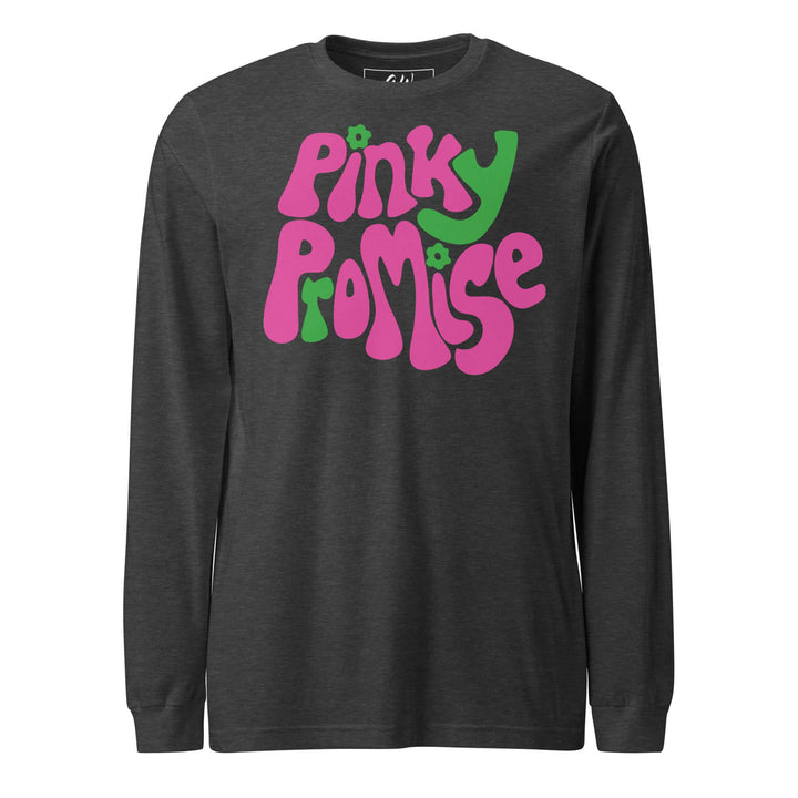 AKA Pinky Promise long sleeve tee in dark color, featuring vibrant pink and green graphic text for sorority and fraternity gear.