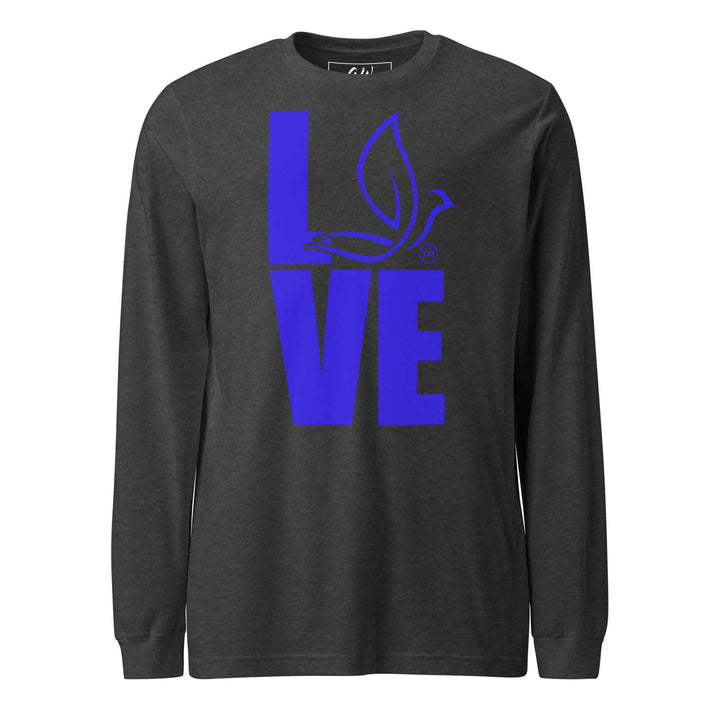 ZPhiB Dove Love long sleeve tee in dark gray with blue love lettering, ideal for sorority and fraternity paraphernalia.