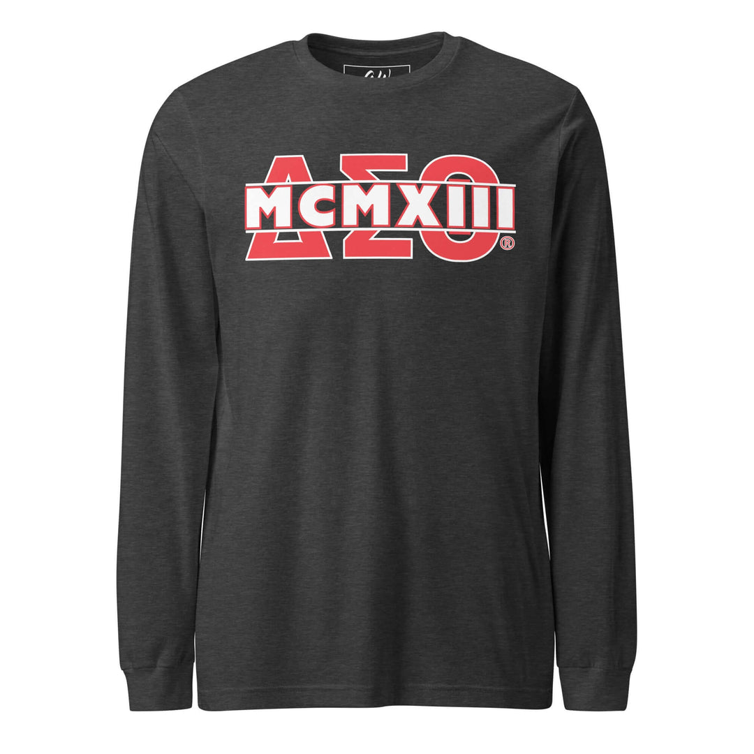 Delta Sigma Theta long sleeve tee featuring vibrant fraternity design in classic colors, perfect for Greek gear enthusiasts.