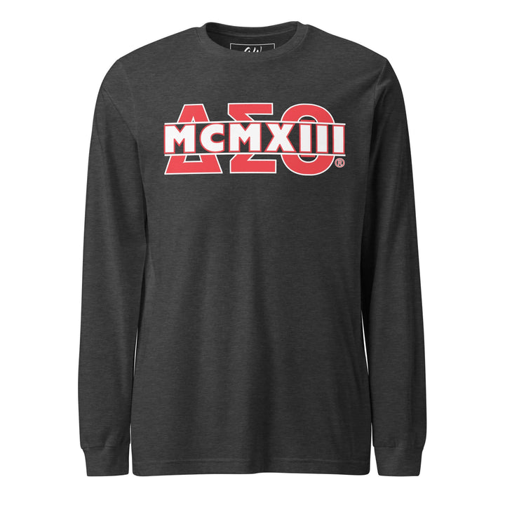 Delta Sigma Theta long sleeve tee featuring vibrant fraternity design in classic colors, perfect for Greek gear enthusiasts.