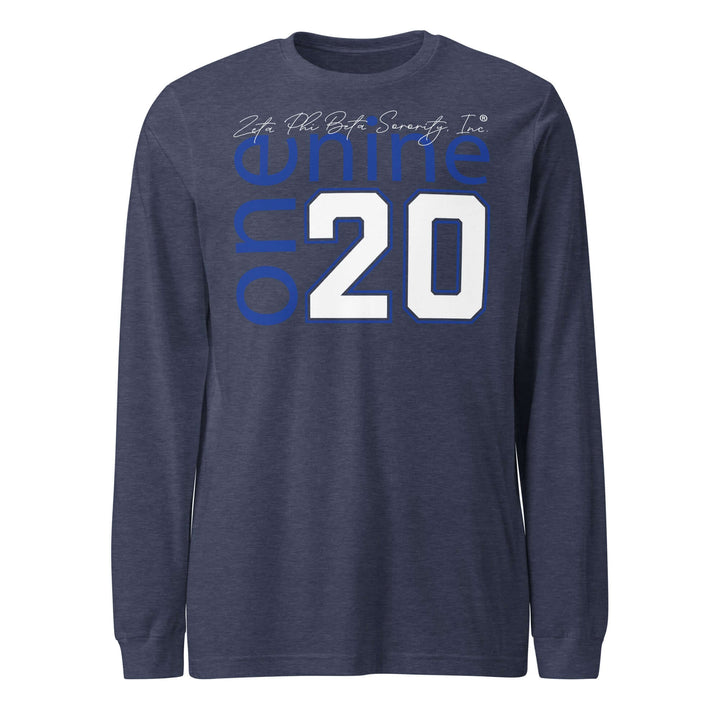 Zeta Phi Beta Sorority long sleeve tee featuring "One Nine 20" in blue, perfect Greek gear for sorority pride.