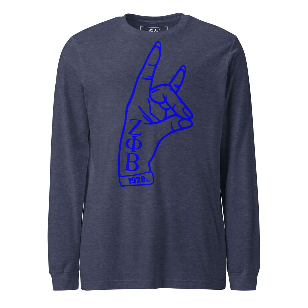 Zeta Kitty hand sign long sleeve tee in navy, perfect sorority paraphernalia for Zeta Phi Beta members.