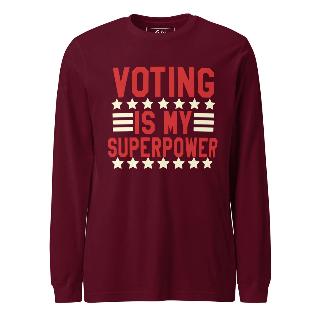 Crimson long-sleeve t-shirt with "Voting is my Superpower" print, perfect Greek gear for sorority and fraternity members.