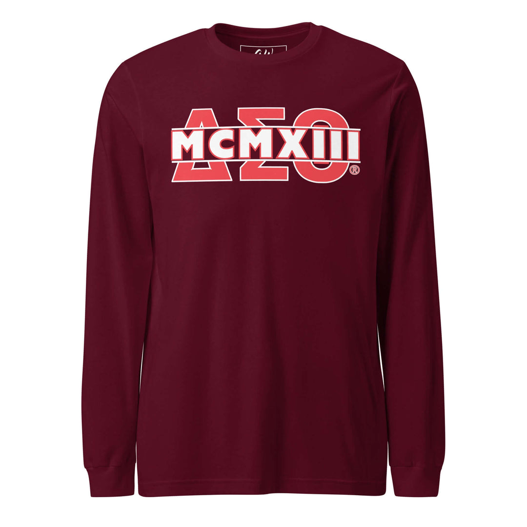 Delta Sigma Theta long sleeve tee in maroon, perfect for sorority and fraternity paraphernalia and Greek gear.