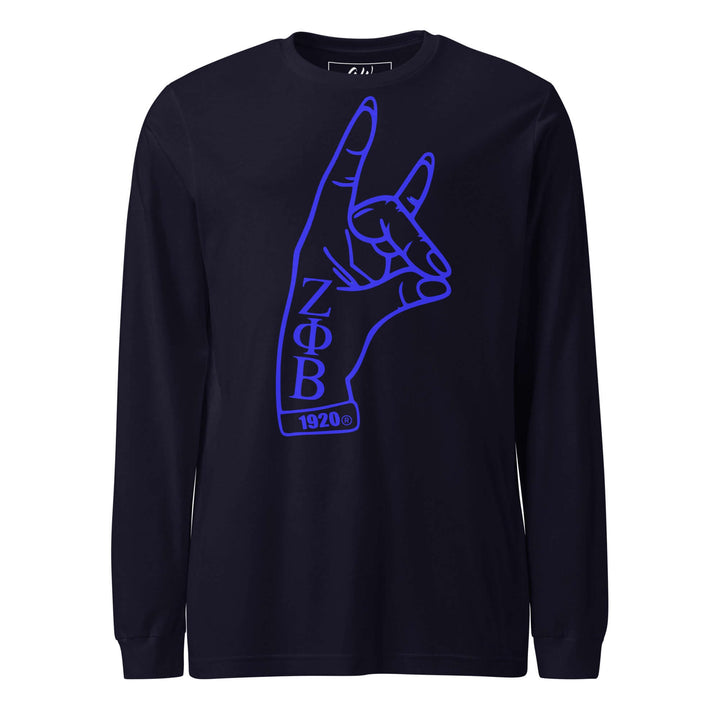 Zeta Kitty Hand Sign Long Sleeve Tee for sorority members featuring blue graphic on black fabric, perfect Greek gear.