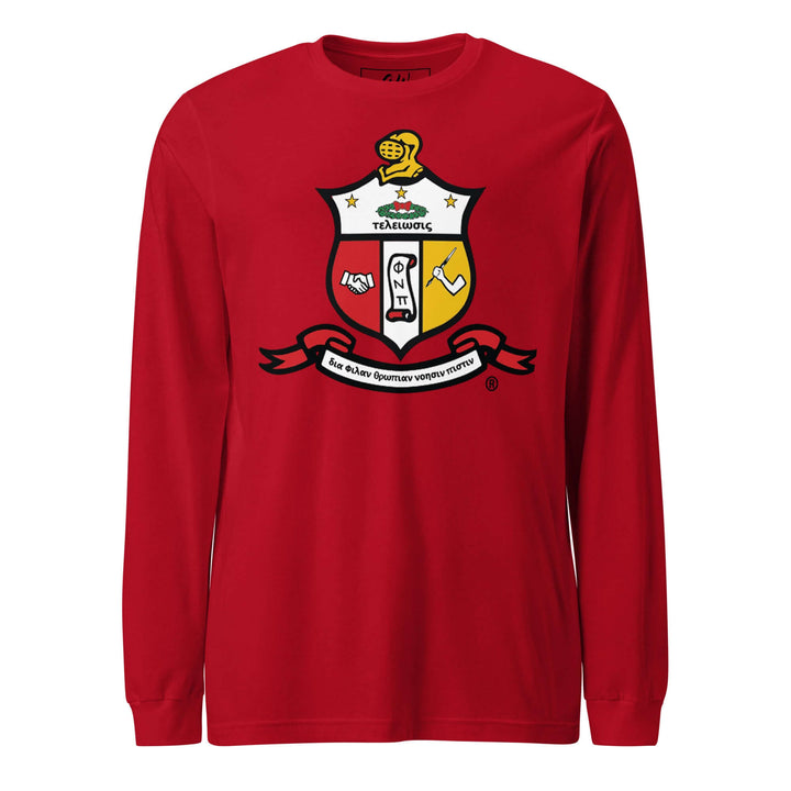 Kappa Coat of Arms long sleeve tee in red, perfect for fraternity and sorority Greek gear enthusiasts.