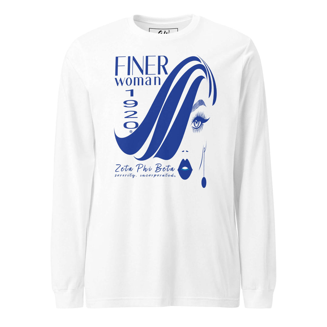 Finer Womanhood Zeta Phi Beta long sleeve t-shirt in white with blue graphic design, perfect for sorority members and Greek gear.