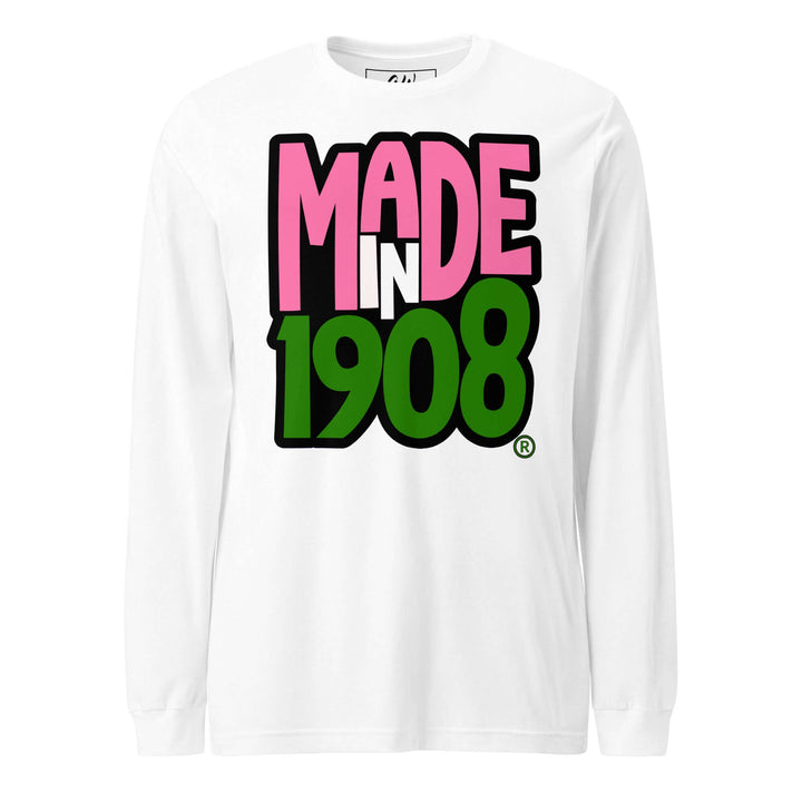 AKA Made in 1908 long sleeve tee showcasing vibrant letters, perfect for sorority and fraternity paraphernalia.