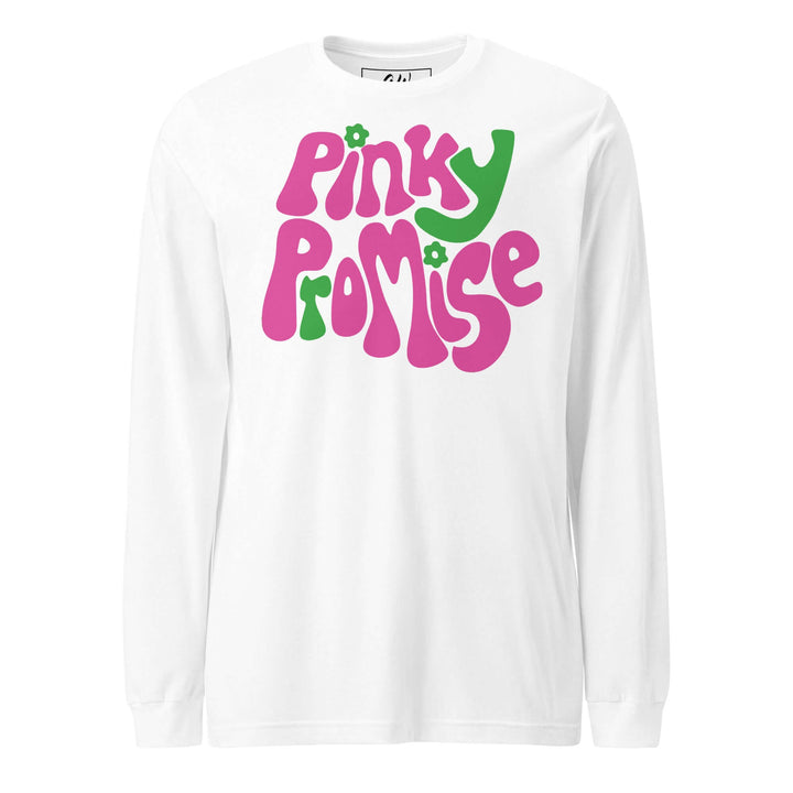 AKA Pinky Promise long sleeve tee, vibrant pink graphic on white, perfect sorority apparel and Greek gear.