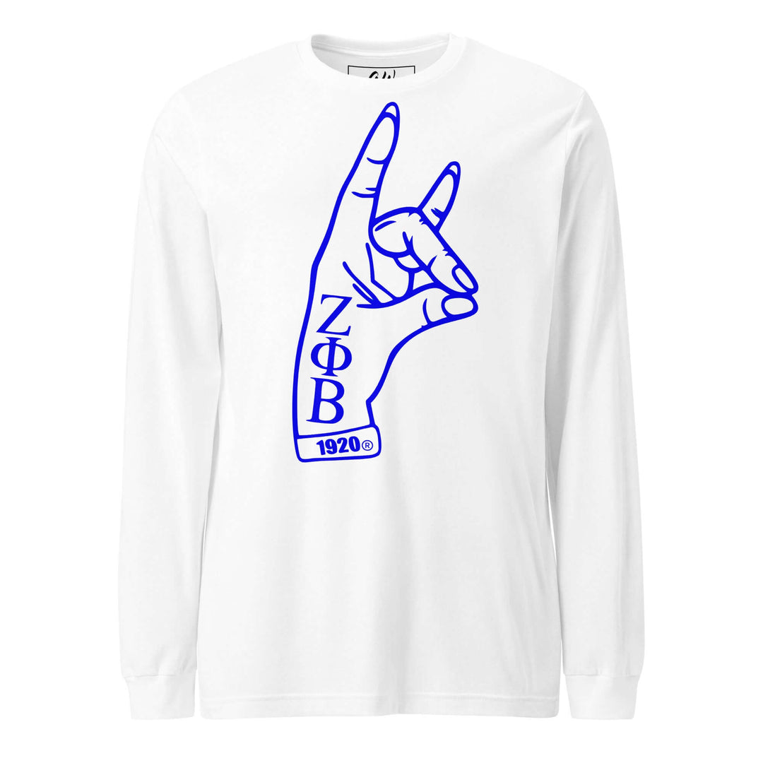 Zeta Phi Beta sorority long sleeve tee featuring hand sign and Greek letters, perfect for fraternity paraphernalia and Greek gear.