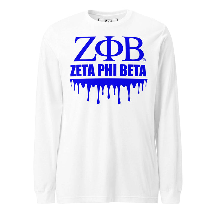 Zeta Phi Beta long sleeve tee with blue graffiti design, perfect for sorority and fraternity paraphernalia.
