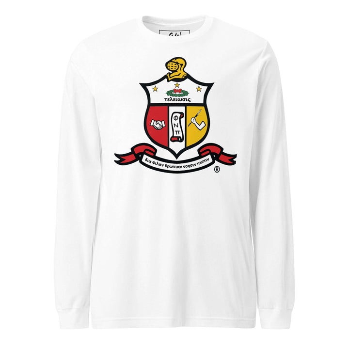 Kappa Coat of Arms long sleeve tee in white, featuring fraternity emblem and stylish design, perfect Greek gear for sorority.