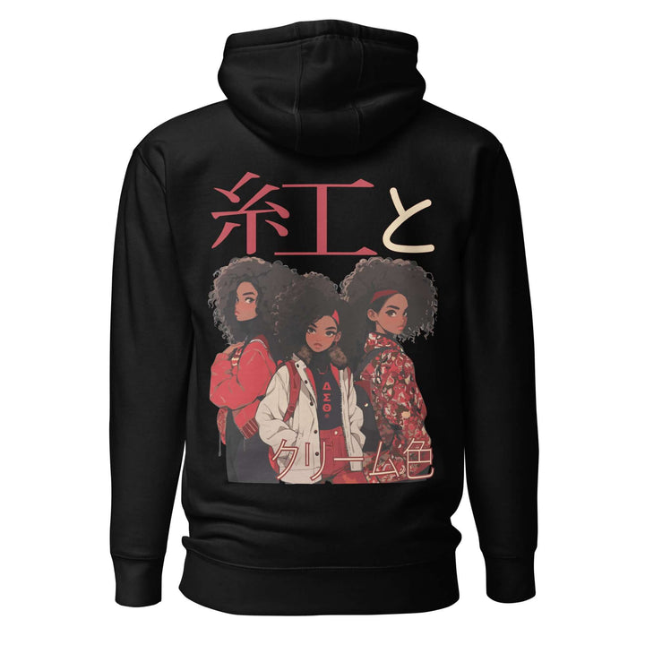 Delta Sigma Theta "Crimson and Cream" hoodie featuring anime-inspired design and vibrant character art.