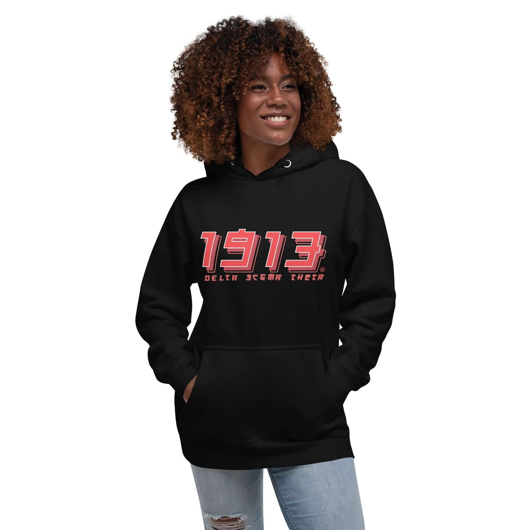 Trendy Delta Sigma Theta "Crimson and Cream" Hoodie featuring Japanese characters and a stylish design, perfect for sorority paraphernalia.