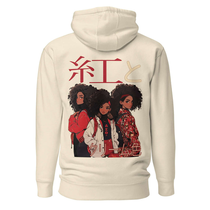 Delta Sigma Theta "Crimson and Cream" Hoodie featuring stylish anime characters and sorority colors, perfect for Greek gear enthusiasts.