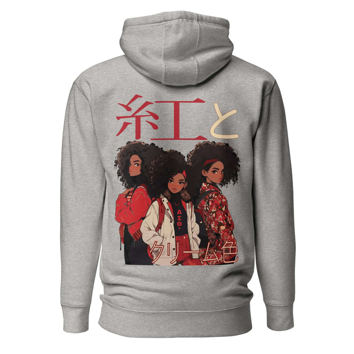 Delta Sigma Theta "Crimson and Cream" Hoodie featuring anime-inspired design and Japanese characters on the back.