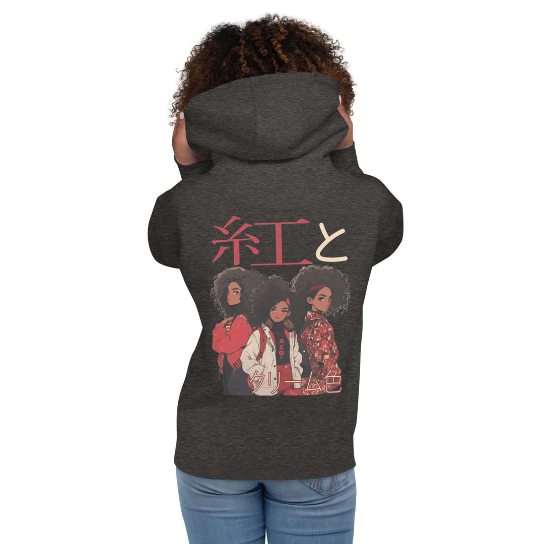 Delta Sigma Theta hoodie featuring anime-style design with Japanese characters, perfect for sorority and fraternity paraphernalia.