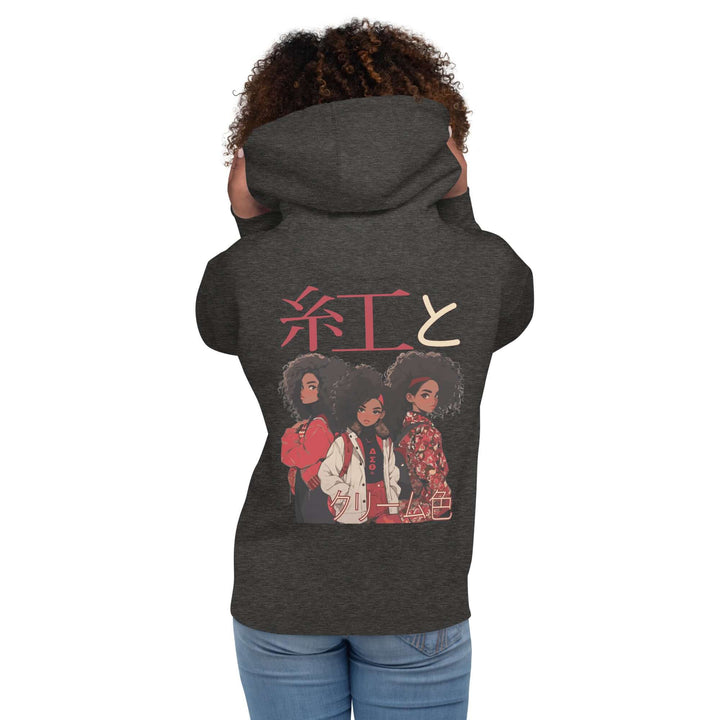 Delta Sigma Theta hoodie featuring anime-style design with Japanese characters, perfect for sorority and fraternity paraphernalia.
