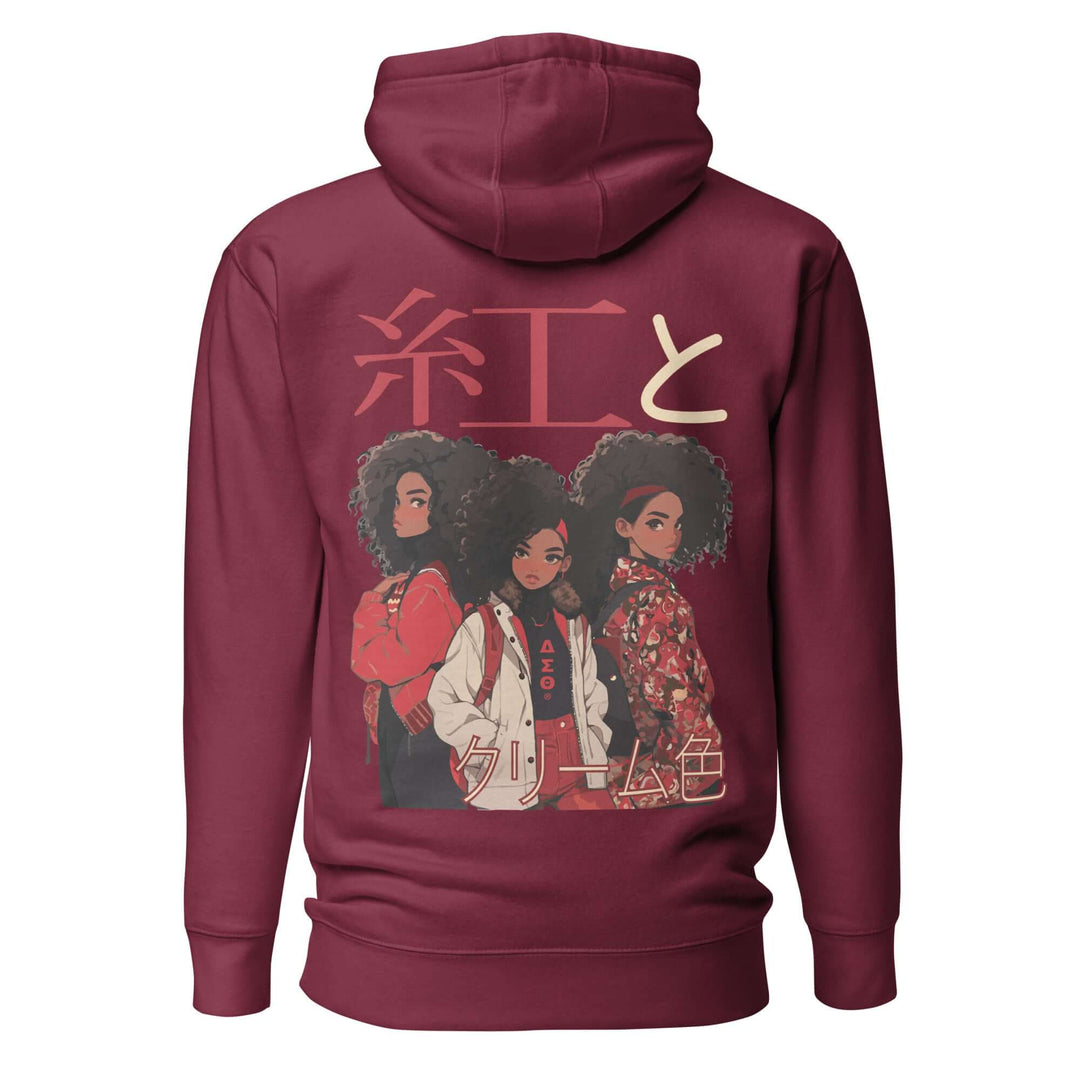 Delta Sigma Theta "Crimson and Cream" hoodie featuring anime-inspired design with three stylish women. Perfect sorority paraphernalia.