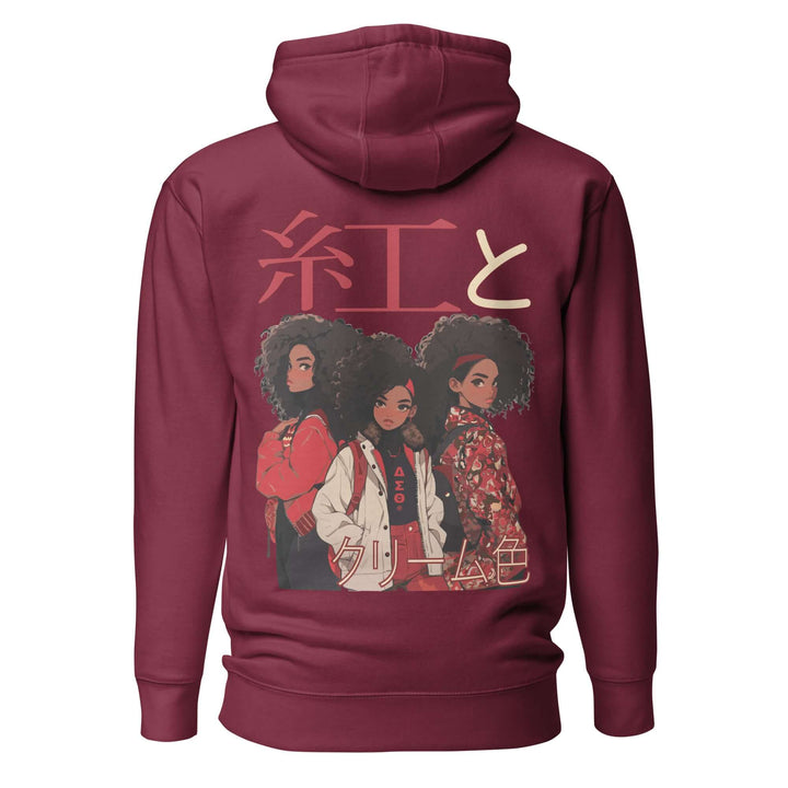 Delta Sigma Theta "Crimson and Cream" hoodie featuring anime-inspired design with three stylish women. Perfect sorority paraphernalia.