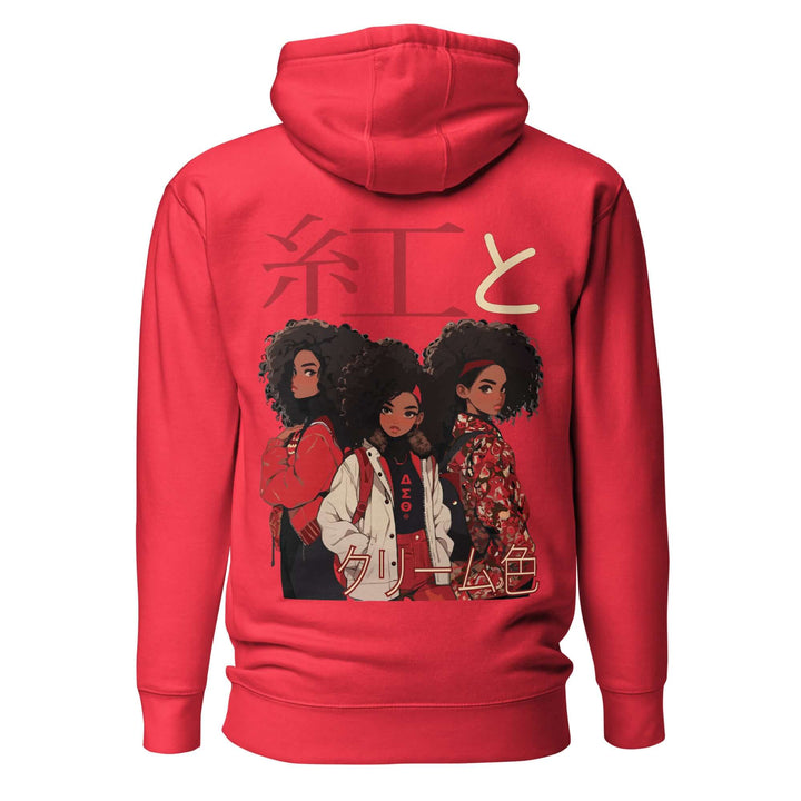 Delta Anime "Crimson and Cream" Hoodie featuring vibrant artwork of three women with Japanese characters, perfect Greek gear for sorority members.