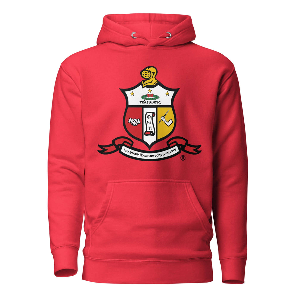 Kappa Alpha Psi Coat of Arms hoodie in red, showcasing sorority paraphernalia and Greek gear for all fraternity members.
