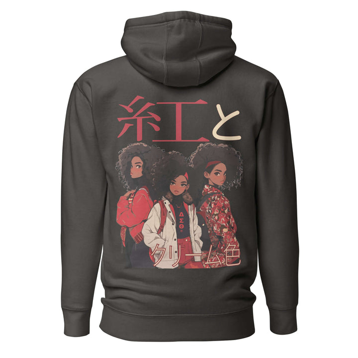 Delta Sigma Theta anime hoodie featuring stylish characters and Japanese text, perfect sorority paraphernalia for Greek gear enthusiasts.