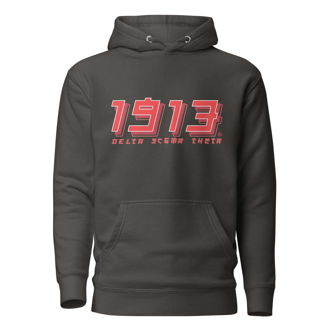 Delta Sigma Theta "1913" hoodie in dark color, showcasing sorority pride with bold lettering and front pouch pocket.