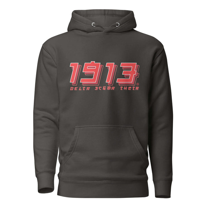 Delta Sigma Theta "1913" hoodie in dark color, showcasing sorority pride with bold lettering and front pouch pocket.