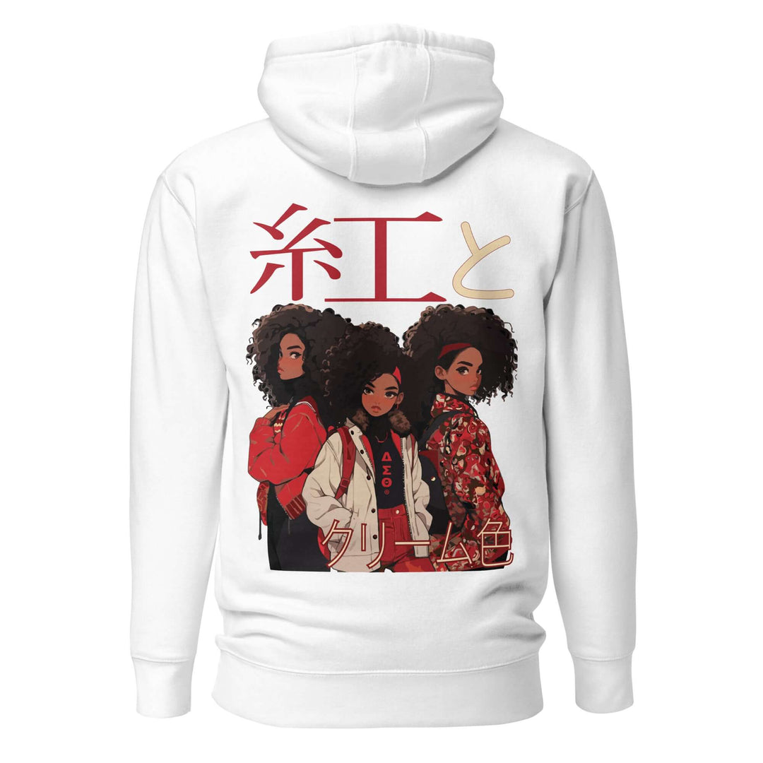 Delta Sigma Theta hoodie featuring anime-inspired design with vibrant characters and sorority colors, perfect Greek gear for members.