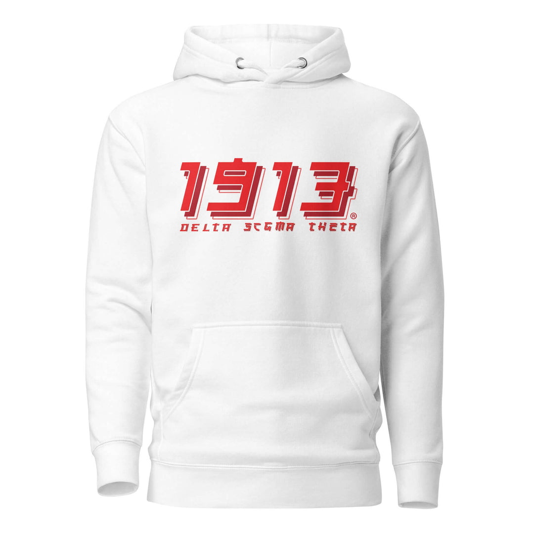 Delta Sigma Theta "1913" hoodie in white featuring bold red lettering, perfect Greek gear for sorority members.
